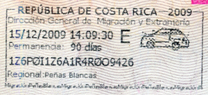 Visa d'entrée au Costa Rica valable 90 jours